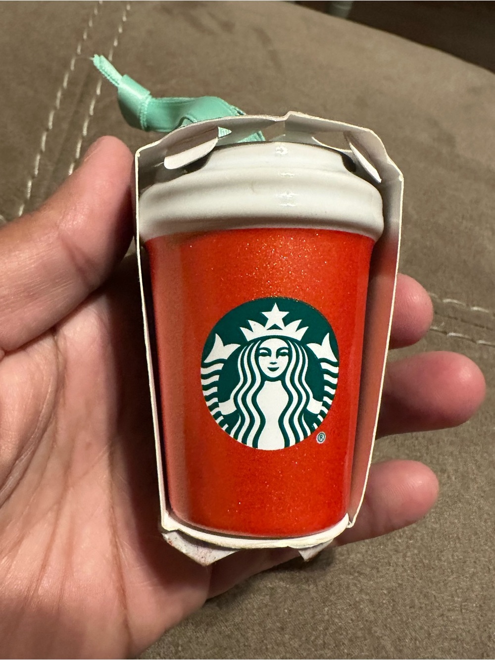 Starbucks Orange Glitter Holiday Cup Ornament with Green Logo
